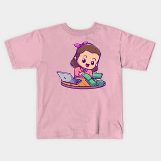 Cute Female Accountant With Laptop And Money Cartoon Kids T-Shirt